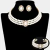 Fashnzfab 3pcs - Rhinestone Trimmed Pearl Necklace Jewelry Set In White