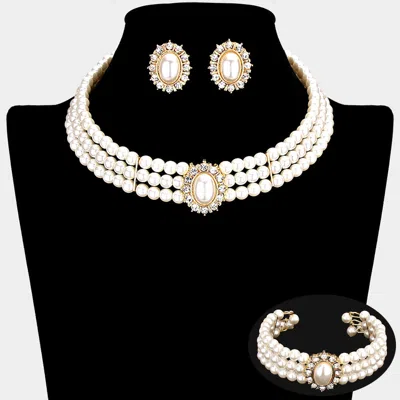 Fashnzfab 3pcs - Rhinestone Trimmed Pearl Necklace Jewelry Set In White