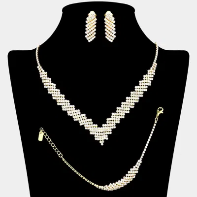 Fashnzfab 3pcs - Rhinestone V Shaped Necklace Clip On Earring Jewelry Set In Gold