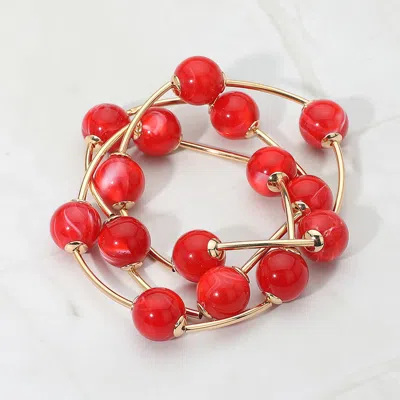 Fashnzfab 3pcs - Round Ball Wire Beaded Stretch Multi Layered Bracelets In Red