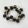 Fashnzfab 3pcs - Round Ball Wire Beaded Stretch Multi Layered Bracelets In Black