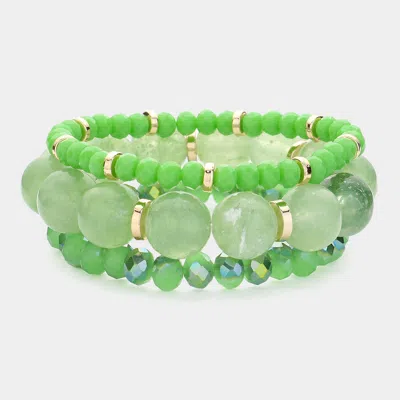 Fashnzfab 3pcs - Round Beads Faceted Beaded Multi Layered Bracelets In Green