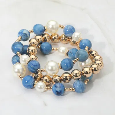 Fashnzfab 3pcs - Round Pearl Mixed Beaded Stretch Multi Layered Bracelets - Blue, Gold