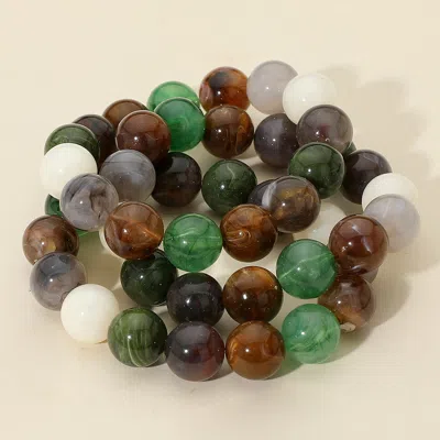 Fashnzfab 3pcs - Round Resin Ball Beaded Stretch Multi Layered Bracelets In Green