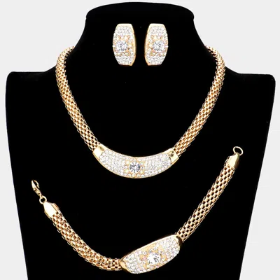 Fashnzfab 3pcs - Round Stone Accented Rhinestone Necklace Jewelry Set 15.5" + 3" L In Gold