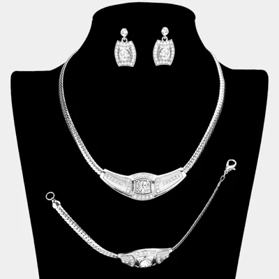 Fashnzfab 3pcs - Round Stone Accented Rhinestone Necklace Jewelry Set In Neutral