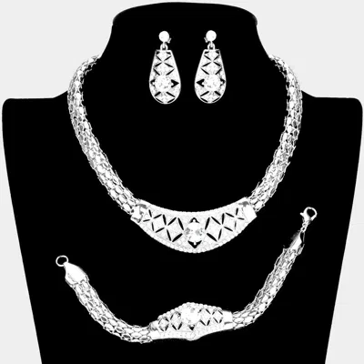 Fashnzfab 3pcs - Round Stone Centered Metal Accented Necklace Jewelry Set In Silver