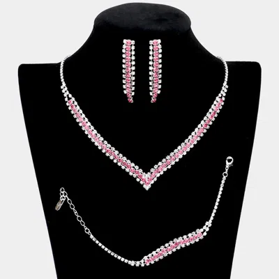 Fashnzfab 3pcs - Round Stone Detail Rhinestone Necklace Jewelry Set In Pink