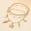 Fashnzfab 3pcs - Sea Shell Starfish Fish Charm Pearl Metal Ball Beaded Stretch Multi Layered Bracelets In Multi