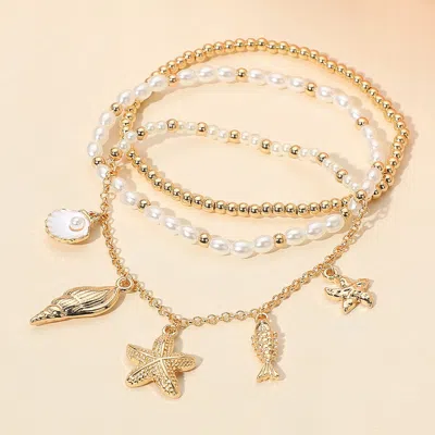 Fashnzfab 3pcs - Sea Shell Starfish Fish Charm Pearl Metal Ball Beaded Stretch Multi Layered Bracelets