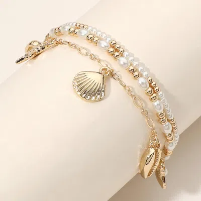 Fashnzfab 3pcs - Sea Shell Starfish Puka Shell Charm Pearl Beaded Stretch Multi Layered Bracelets
