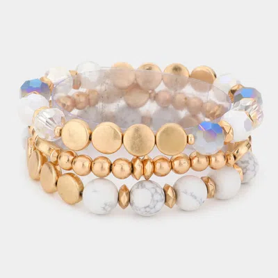 Fashnzfab 3pcs - Semi Precious Accented Beaded Stretch Bracelets White In Gold