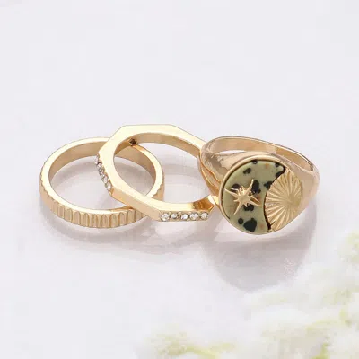 Fashnzfab 3pcs - Semi Precious Crescent Moon Star Rhinestonemixed Rings In Multi