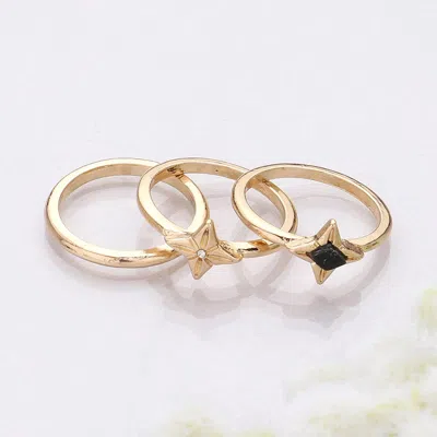 Fashnzfab 3pcs - Semi Precious Rhinestone Embellished Metal Band Mixed Rings In Black