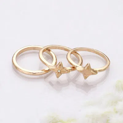 Fashnzfab 3pcs - Semi Precious Rhinestone Embellished Metal Band Mixed Rings In Pink