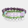 Fashnzfab 3pcs - Semi Precious Stone Metal Ball Stretch Bracelets In Multi
