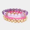 Fashnzfab 3pcs - Semi Precious Stone Metal Ball Stretch Bracelets Lavender, Pink In Multi