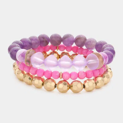 Fashnzfab 3pcs - Semi Precious Stone Metal Ball Stretch Bracelets Lavender, Pink In Multi