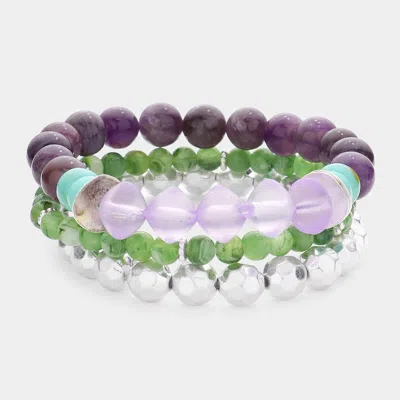 Fashnzfab 3pcs - Semi Precious Stone Metal Ball Stretch Bracelets In Multi