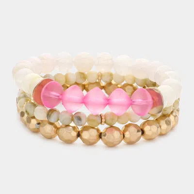 Fashnzfab 3pcs - Semi Precious Stone Metal Ball Stretch Bracelets Neutral, Pink In Multi