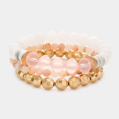 Fashnzfab 3pcs - Semi Precious Stone Metal Ball Stretch Bracelets In Pink