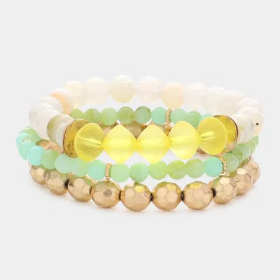 Fashnzfab 3pcs - Semi Precious Stone Metal Ball Stretch Bracelets In Yellow