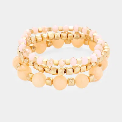 Fashnzfab 3pcs - Semi Precious Stone Metal Bead Stretch Bracelets In Multi