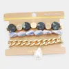 Fashnzfab 3pcs - Semi Precious Stone Multi Bead Pearl Charm Layered Bracelets Black, Cream, Gold In Multi