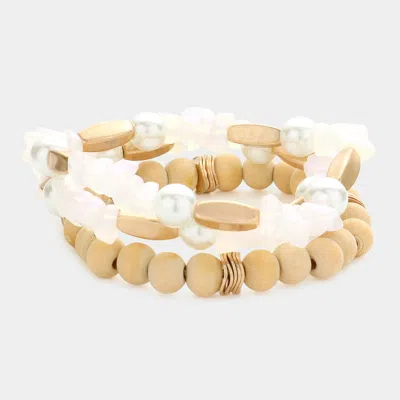 Fashnzfab 3pcs - Semi Precious Stone Pearl Wood Ball Stretch Bracelets In Multi