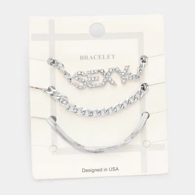 Fashnzfab 3pcs - Sexy Rhinestone Embellished Metal Chain Bracelets Clear, Rhodium In Multi