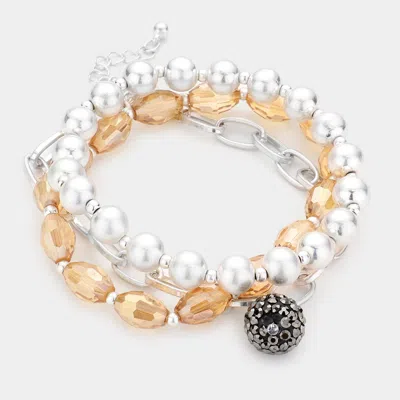 Fashnzfab 3pcs - Shamballa Ball Charm Metal Ball Beaded Bracelets Beige, Worn Silver In Multi