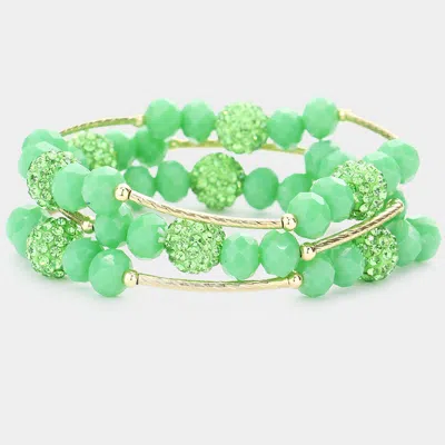 Fashnzfab 3pcs - Shamballa Ball Faceted Beaded Stretch Bracelets In Green