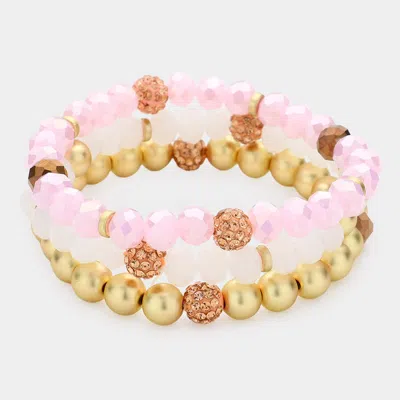 Fashnzfab 3pcs - Shamballa Ball Faceted Beaded Stretch Bracelets In Multi