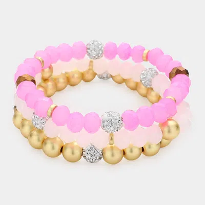 Fashnzfab 3pcs - Shamballa Ball Faceted Beaded Stretch Bracelets In Pink