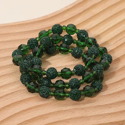 Fashnzfab 3pcs - Shamballa Ball Faceted Beaded Stretch Multi Layered Bracelets In Green