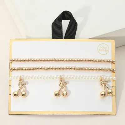 Fashnzfab 3pcs - Silver Dipped Cherry Charm Metal Ball Pearl Beaded Stretch Multi Layered Bracelets