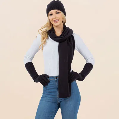 Fashnzfab 3pcs - Solid Winter Beanie Hat Scarf Gloves Set In Black