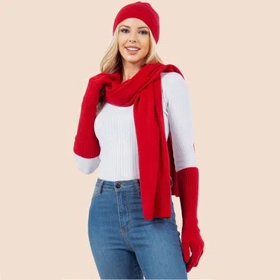 Fashnzfab 3pcs - Solid Winter Beanie Hat Scarf Gloves Set In Red