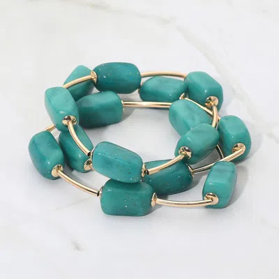 Fashnzfab 3pcs - Speckled Resin Pebble Metal Bar Beaded Stretch Multi Layered Bracelets In Blue