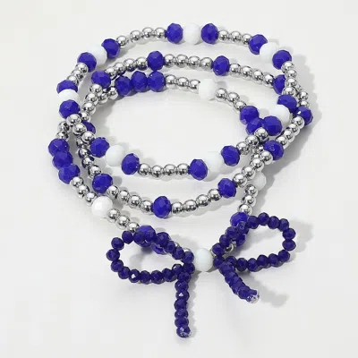 Fashnzfab 3pcs - Sports Team Theme Colored Bow Accent Faceted Beaded Stretch Multi Layered Bracelets Blue, Rho