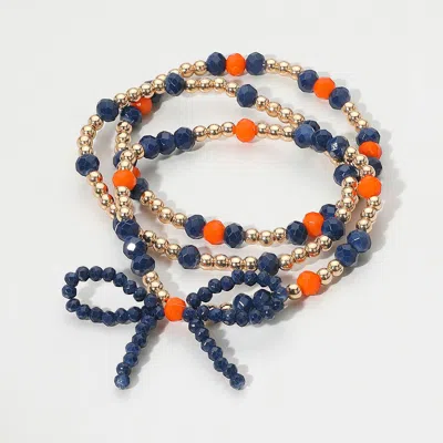 Fashnzfab 3pcs - Sports Team Theme Colored Bow Accent Faceted Beaded Stretch Multi Layered Bracelets Gold, Nav