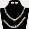 Fashnzfab 3pcs - Stone Embellished Double Open Circle Link Necklace Jewelry Set In Gold