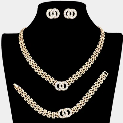 Fashnzfab 3pcs - Stone Embellished Double Open Circle Link Necklace Jewelry Set In Gold