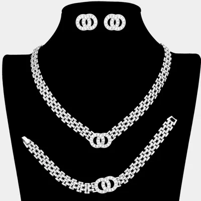 Fashnzfab 3pcs - Stone Embellished Double Open Circle Link Necklace Jewelry Set In Silver
