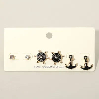 Fashnzfab 3pcs - Stone Embellished Enamel Ship Wheel Anchor Stud Earring Set - Jet Black