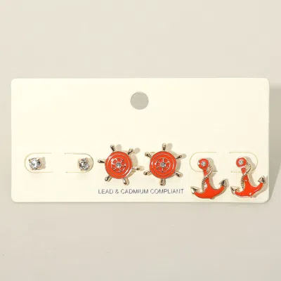 Fashnzfab 3pcs - Stone Embellished Enamel Ship Wheel Anchor Stud Earring Set In Pink
