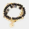 Fashnzfab 3pcs - Stone Embellished North Star Charm Multi Beaded Stretch Bracelets In Black