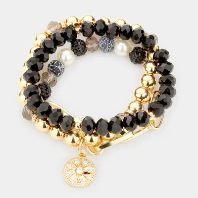 Fashnzfab 3pcs - Stone Embellished North Star Charm Multi Beaded Stretch Bracelets In Black
