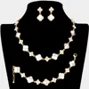 Fashnzfab 3pcs - Stone Embellished Quatrefoil Link Necklace Jewelry Set In Gold