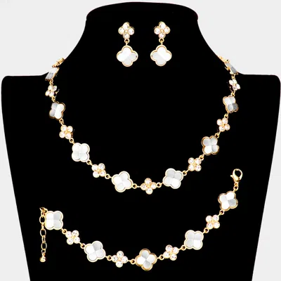 Fashnzfab 3pcs - Stone Embellished Quatrefoil Link Necklace Jewelry Set In Gold